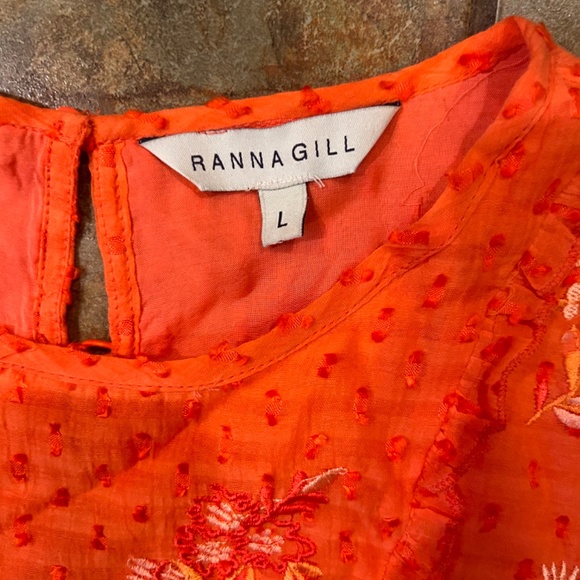 Anthropologie Ranna Gill Embroidered Tunic Dress Orange Floral Swiss Dots Sz L - Picture 2 of 9